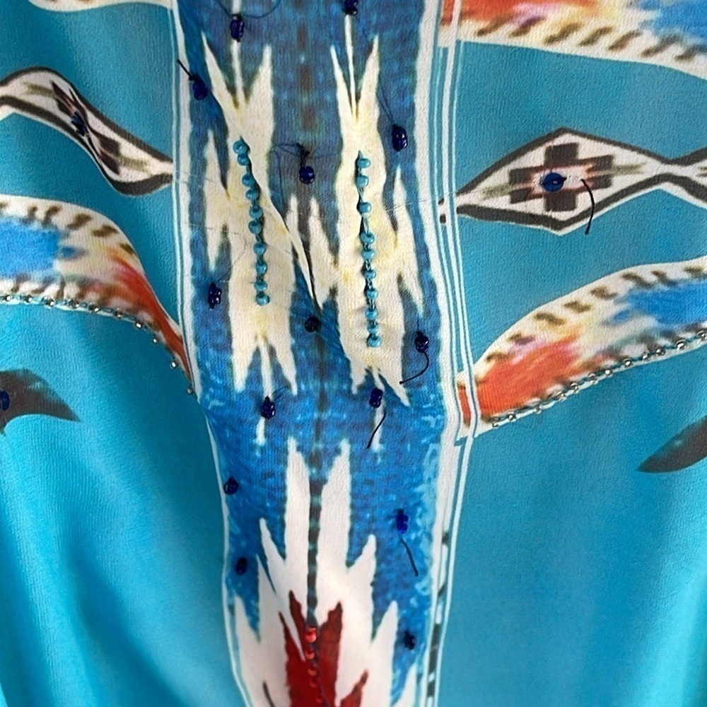VINTAGE COLLECTIONS  Southwestern Aztec Blue Beaded Handkerchief Dress Size S - Picture 9 of 12